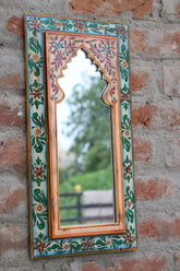 KB ART Multicolor Handpainted Wooden Wall Mirror – 9.5x19 Inch  | Traditional Misri Art Arch Mirror | Jharokha Boho Decor Frame